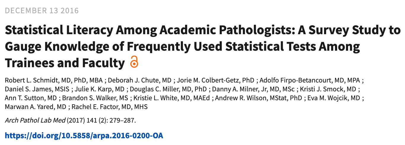 Figure from Statistical Literacy Among Academic Pathologists: A Survey Study to Gauge Knowledge of Frequently Used Statistical Tests Among Trainees and Faculty
